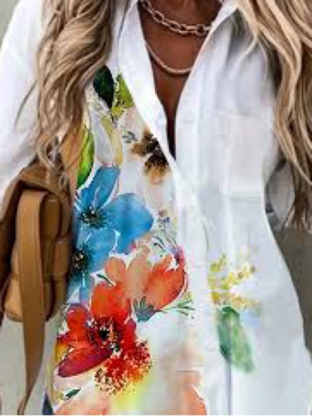 Women's White Button-Down Top with Vibrant Floral Print